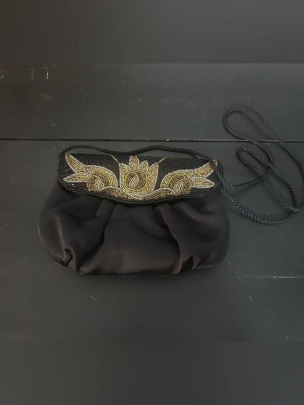 Vintage Black Satin Beaded Evening Clutch Floral Gold Silver Shoulder Purse
